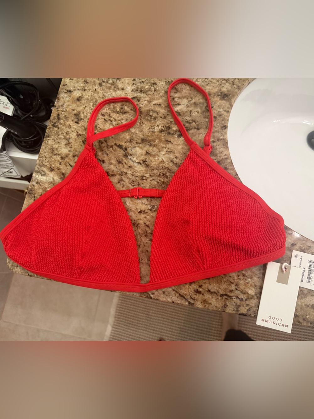 Good American Red Textured Triangle Bikini Top